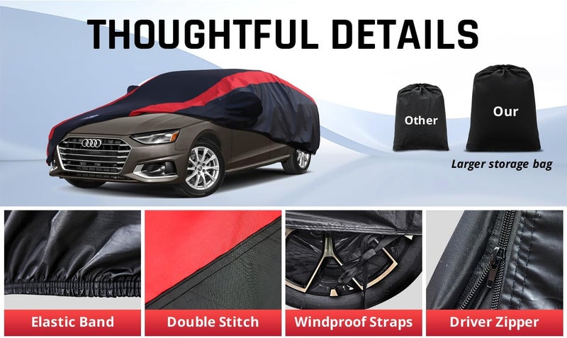 AltoCover Car Cover Custom Fit for Benz C-Class 2008-2005, BMW 3 Series 2007-2025, Audi A4/S4 2010-2025, Car Cover Waterproof All Weather Outdoor Protection with Red Strip Design - Image 5